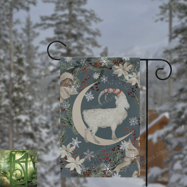 Yule Goat Moon Garden Flag - Folk Julbock Winter Decoration