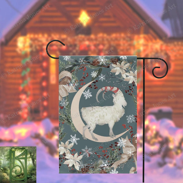 Yule Goat Moon Garden Flag - Folk Julbock Winter Decoration