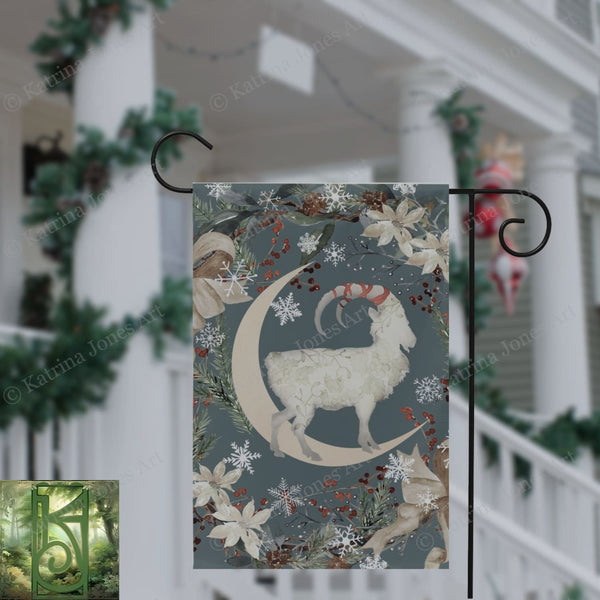 Yule Goat Moon Garden Flag - Folk Julbock Winter Decoration