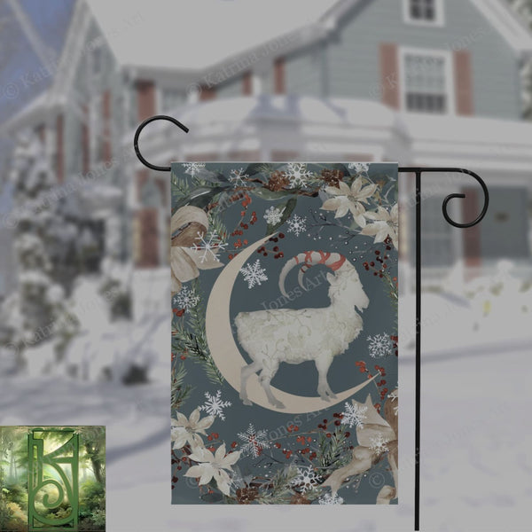 Yule Goat Moon Garden Flag - Folk Julbock Winter Decoration