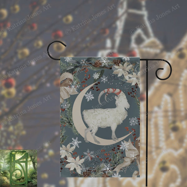 Yule Goat Moon Garden Flag - Folk Julbock Winter Decoration
