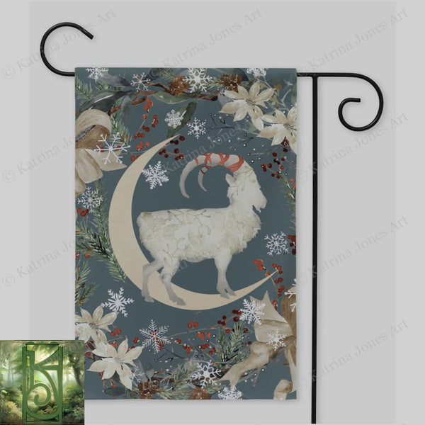 Yule Goat Moon Garden Flag - Folk Julbock Winter Decoration