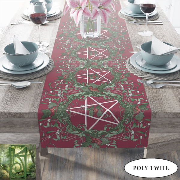 Holiday Altar Cloth - Yule Holly Pentacle Festive Wiccan Decor Runner