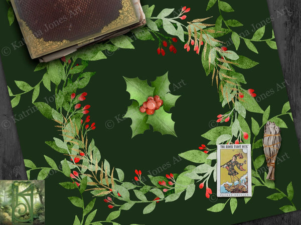 Holiday Tarot Cloth - Holly Yule Altar With Evergreen Wreath 22X22 Inch Twill Square