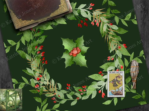 Holiday Tarot Cloth - Holly Yule Altar With Evergreen Wreath 22X22 Inch Twill Square