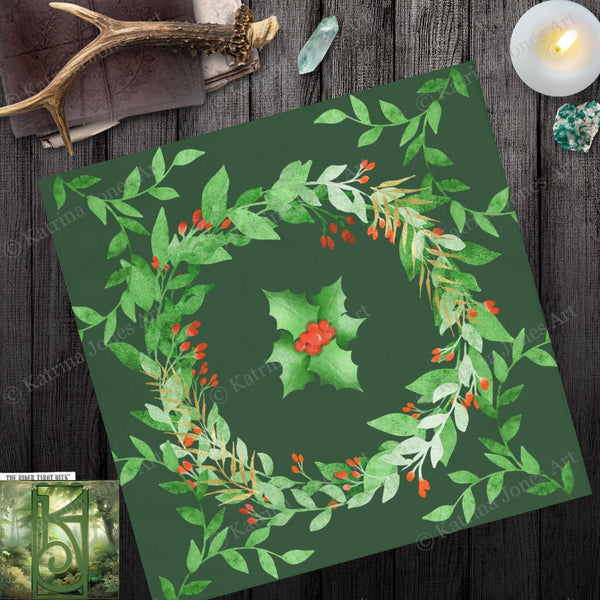 Holiday Tarot Cloth - Holly Yule Altar With Evergreen Wreath Square