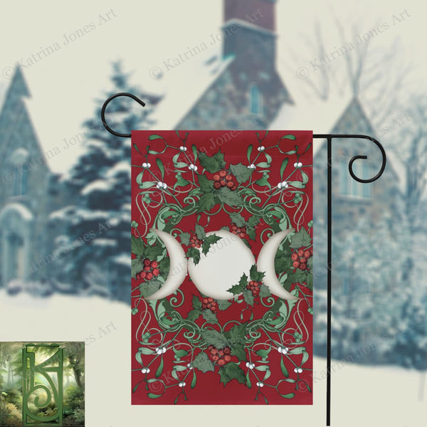 Yule Holly Triple Moon Red Garden Flag
