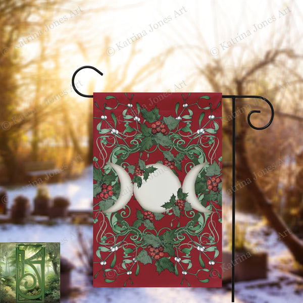 Yule Holly Triple Moon Red Garden Flag