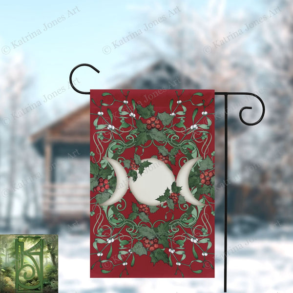 Yule Holly Triple Moon Red Garden Flag