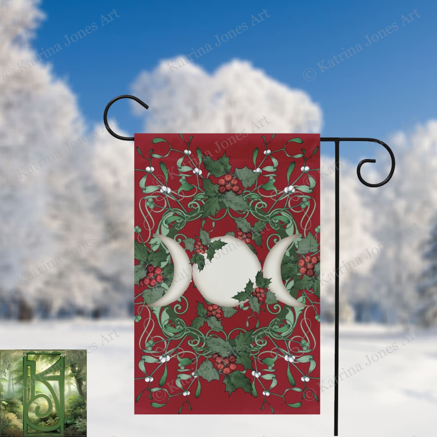 Yule Holly Triple Moon Red Garden Flag