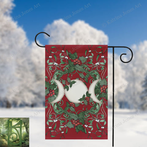 Yule Holly Triple Moon Red Garden Flag