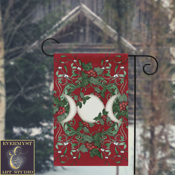 Yule Holly Triple Moon Red Garden Flag