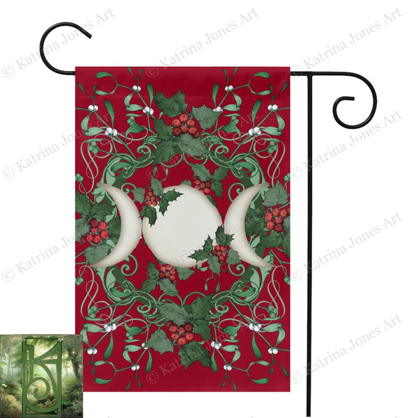 Yule Holly Triple Moon Red Garden Flag
