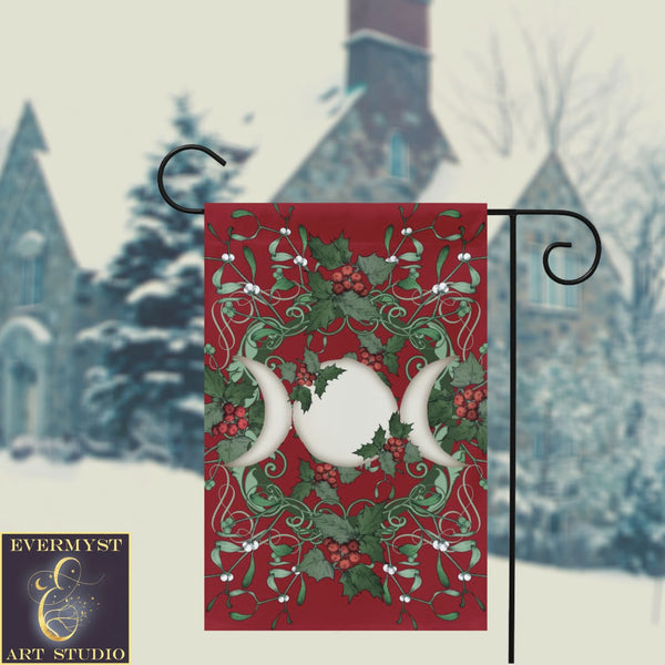 Yule Holly Triple Moon Red Garden Flag