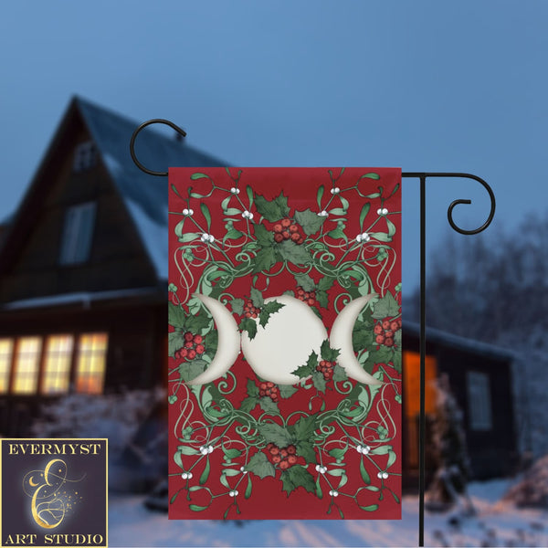 Yule Holly Triple Moon Red Garden Flag