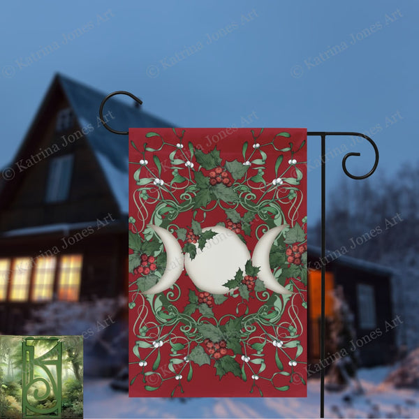 Yule Holly Triple Moon Red Garden Flag