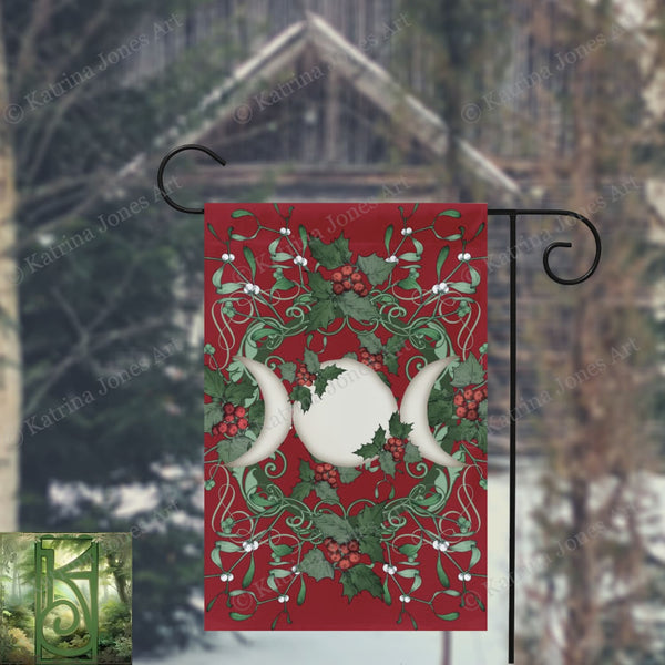 Yule Holly Triple Moon Red Garden Flag