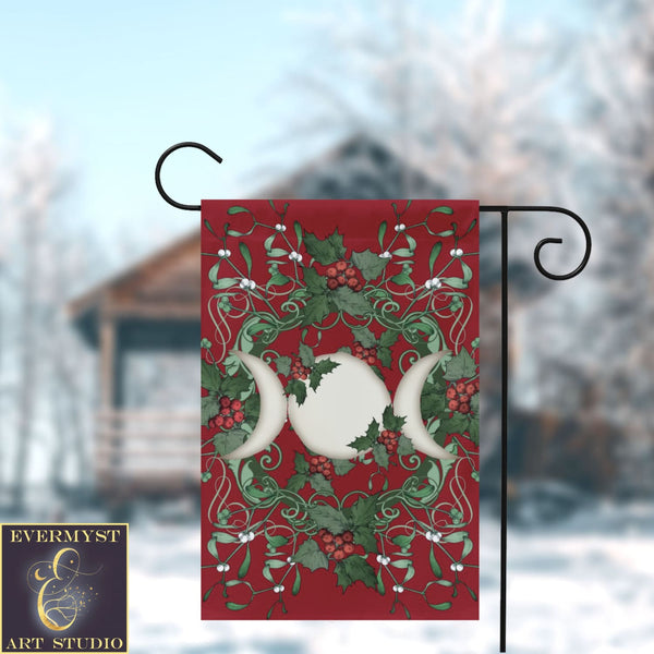 Yule Holly Triple Moon Red Garden Flag