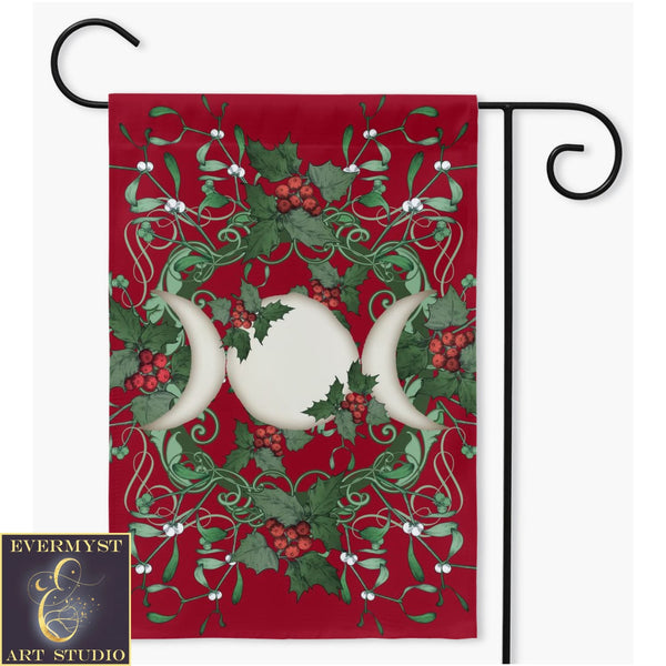 Yule Holly Triple Moon Red Garden Flag Double / 18.325X27 Inch