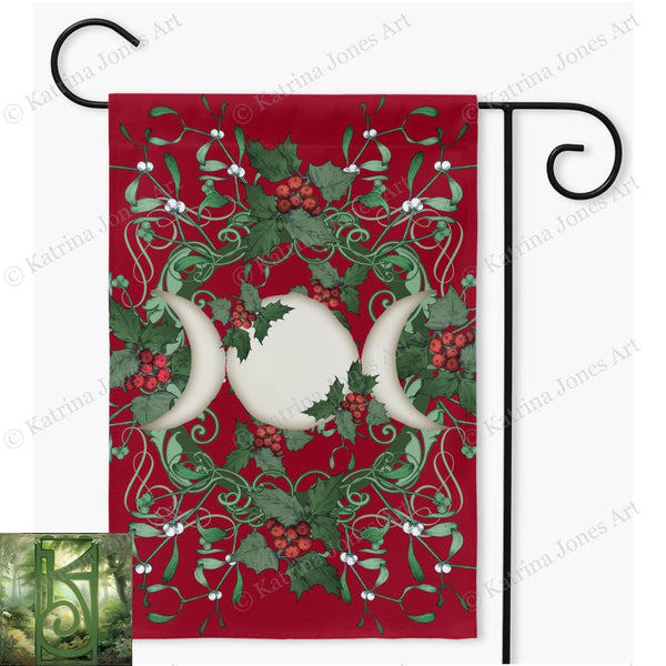 Yule Holly Triple Moon Red Garden Flag Double / 18.325X27 Inch