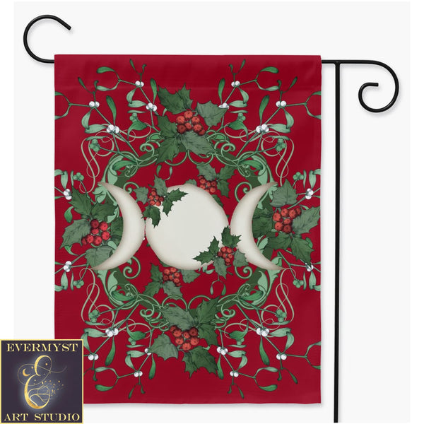 Yule Holly Triple Moon Red Garden Flag Double / 24.5X32.125 Inch