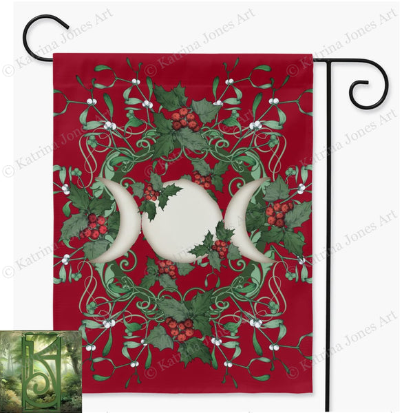 Yule Holly Triple Moon Red Garden Flag Double / 24.5X32.125 Inch