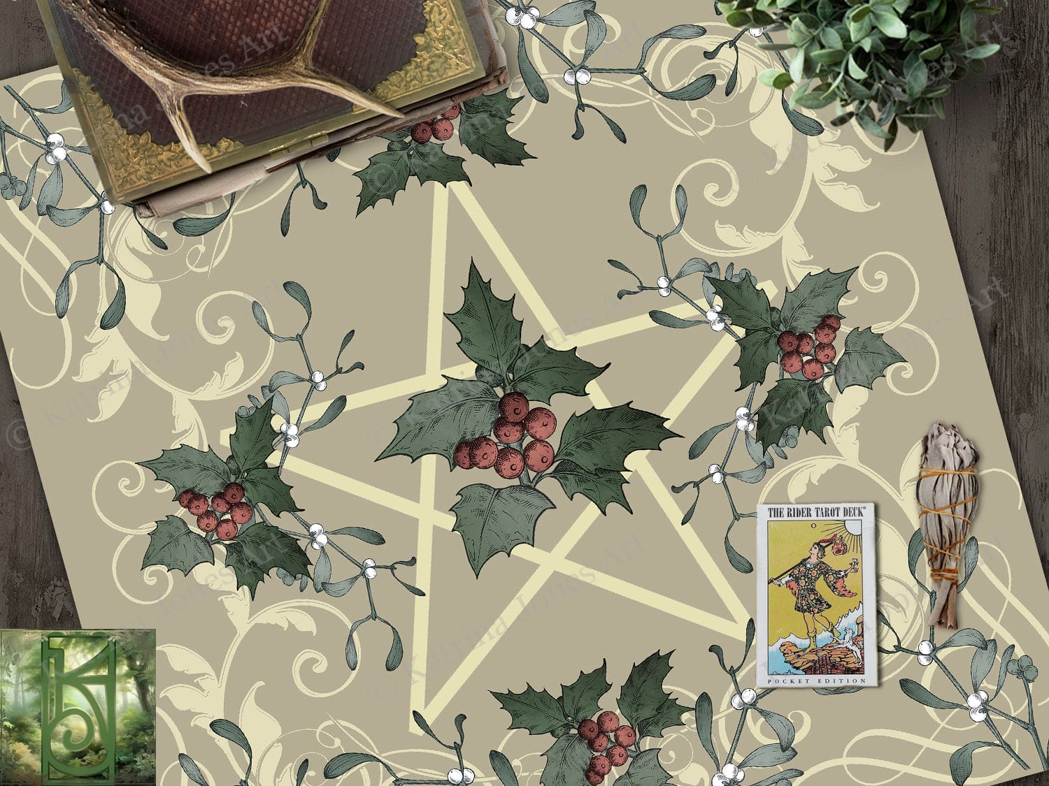 Yule Altar Tarot Cloth - Antique Holly Style Decor Square