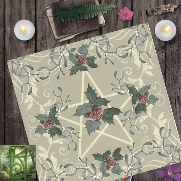 Yule Altar Tarot Cloth - Antique Holly Style Decor Square