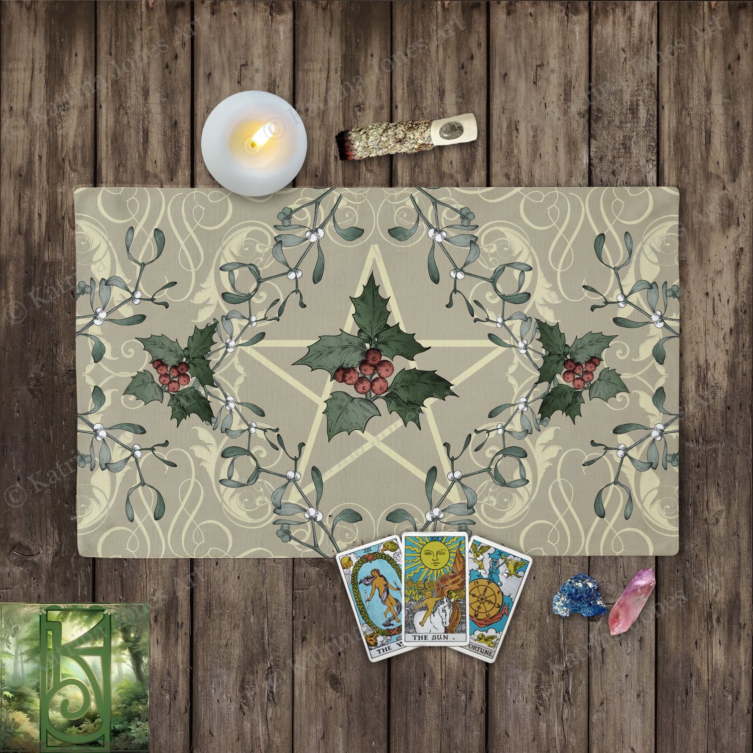 Antique Holly Yule Altar Cloth Rectangular Cotton Twill Rec