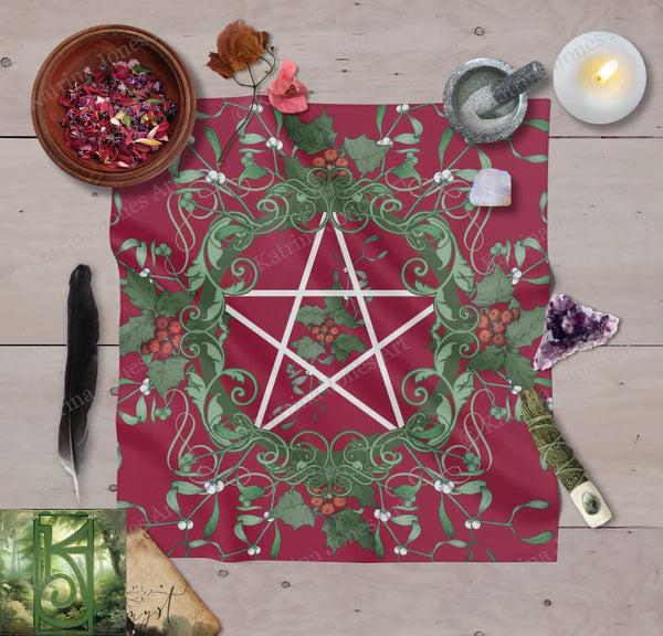 Pentacle Yule Tarot Cloth - Pagan Witch Altar Decor Square