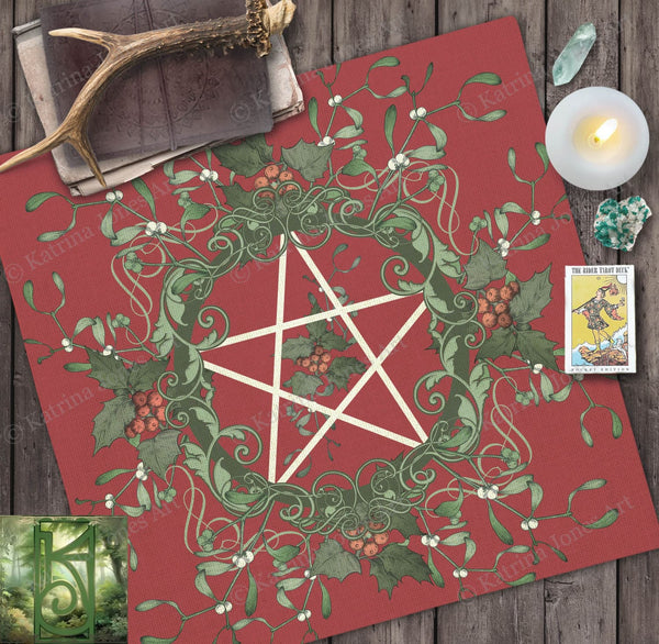 Pentacle Yule Tarot Cloth - Pagan Witch Altar Decor Square