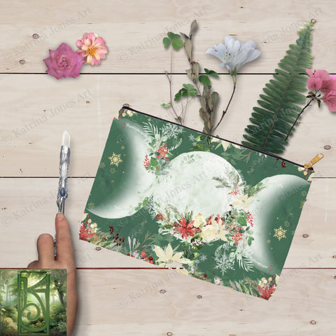 Yule Poinsettia Triple Moon Goddess Symbol Accessory Pouches Vintage Design Witch Wicca Pagan Decor
