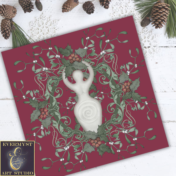 Yule Red Holly Goddess Altar Cloth - Tarot Reading Mat For Witch Vibe Decor Square