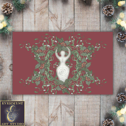 Yule Red Holly Goddess Tarot Altar Cloth Rec