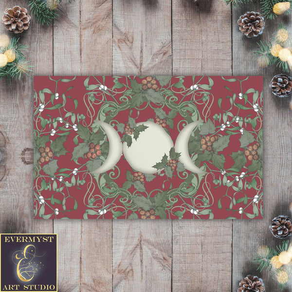 Yule Red Holly Triple Moon Goddess Tarot Altar Cloth Rec