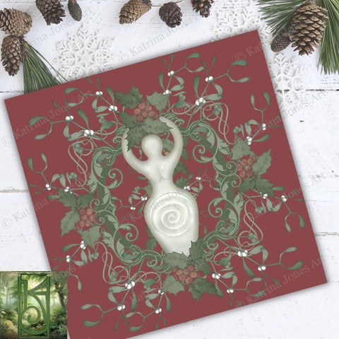 Yule Red Holly Goddess Altar Cloth - Tarot Reading Mat For Witch Vibe Decor Square