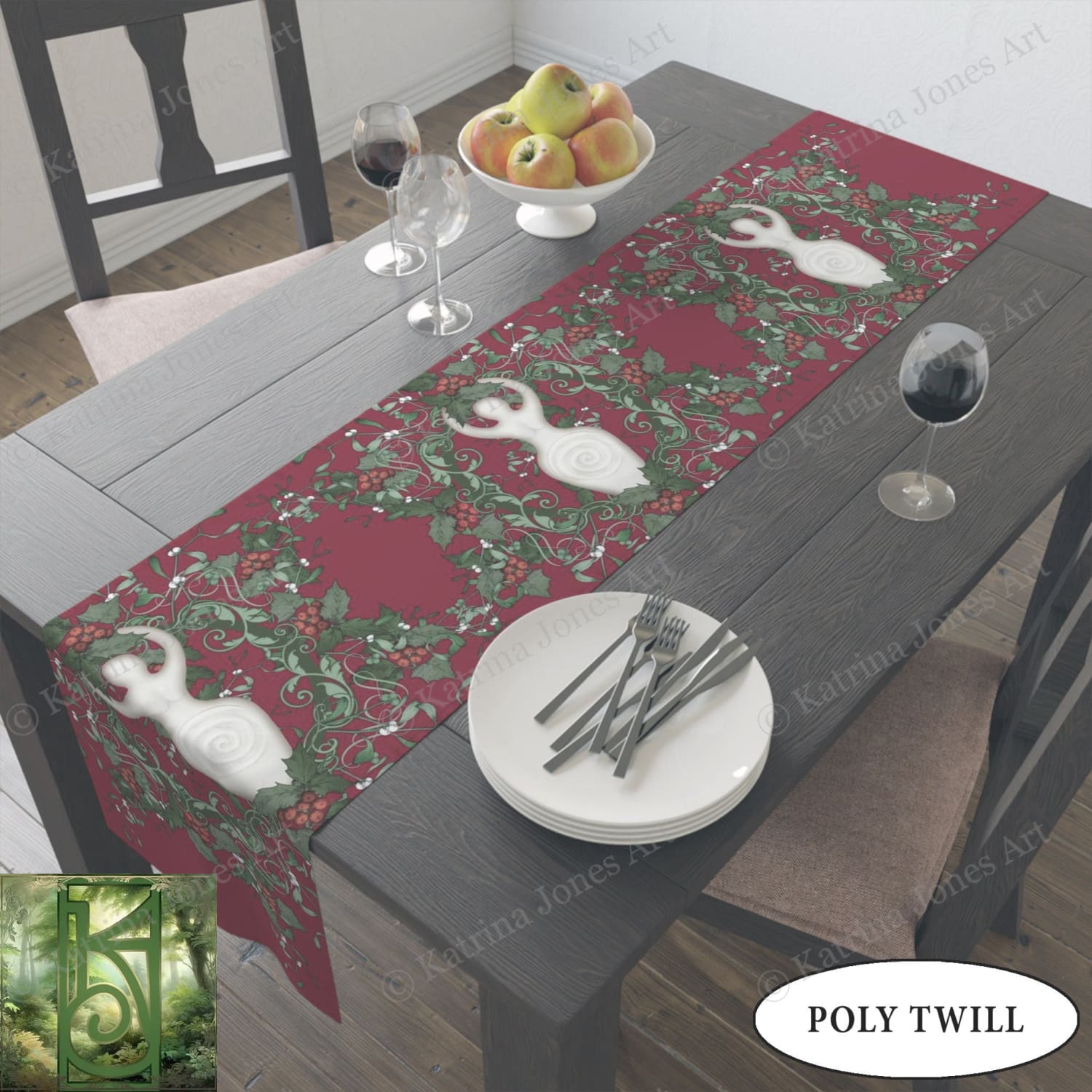 Winter Solstice Altar Cloth - Red Holly Table Runner For Witches And Pagans