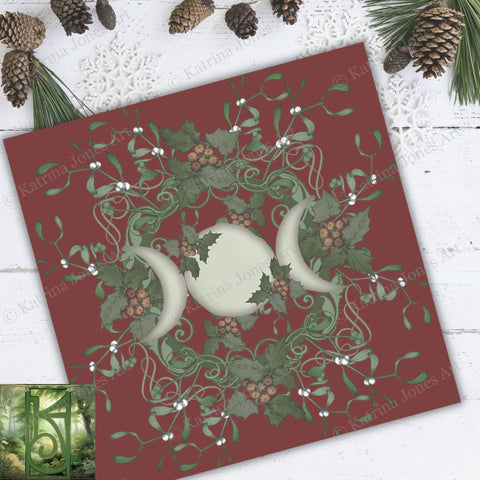 Triple Moon Goddess Altar Cloth - Yule Red Holly Tarot Reading Mat Square