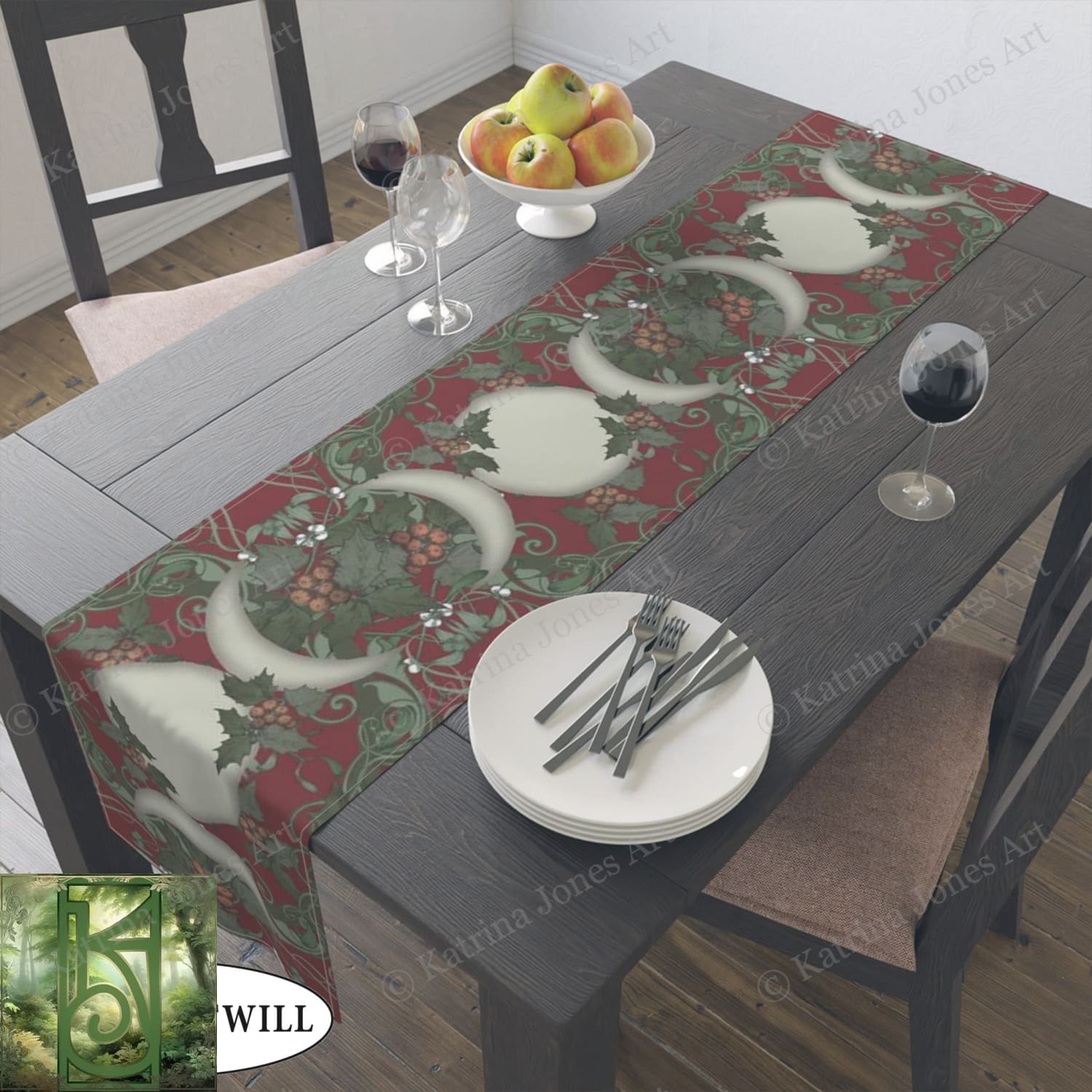 Winter Solstice Table Runner - Holly Triple Moon Tarot Reading Mat