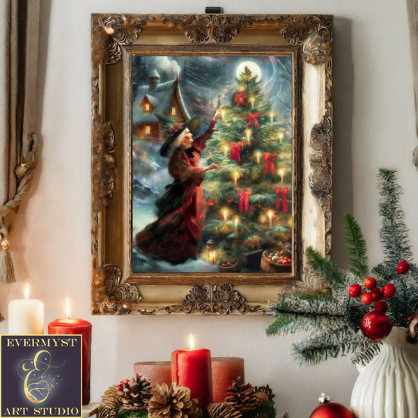 Yule Witch Art Print Winter Solstice Decorations Yuletide Painting