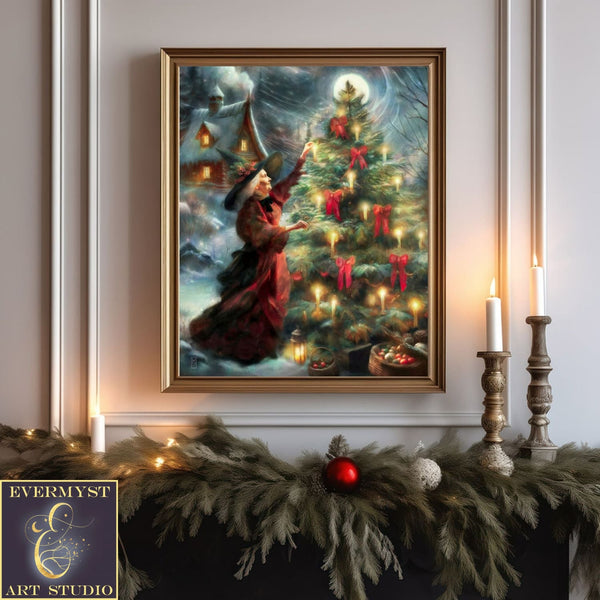 Yule Witch Art Print Winter Solstice Decorations Yuletide Painting