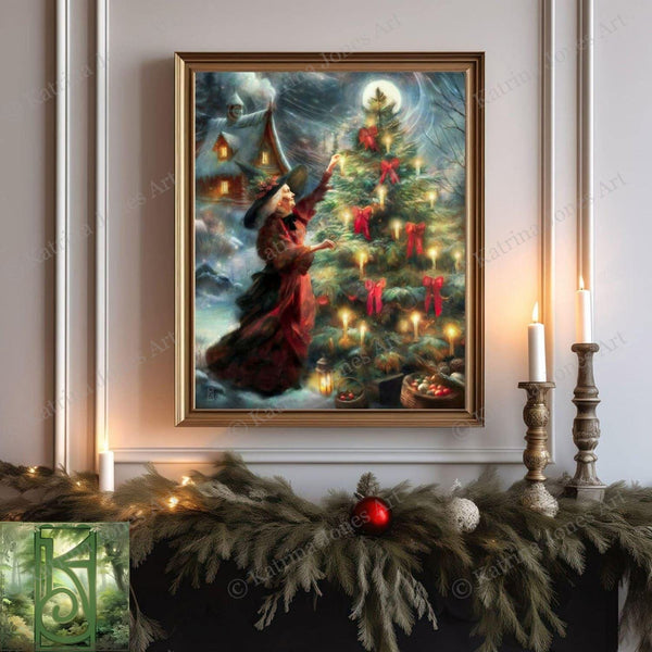 Yule Witch Art Print - Winter Solstice Decor - Yuletide Painting