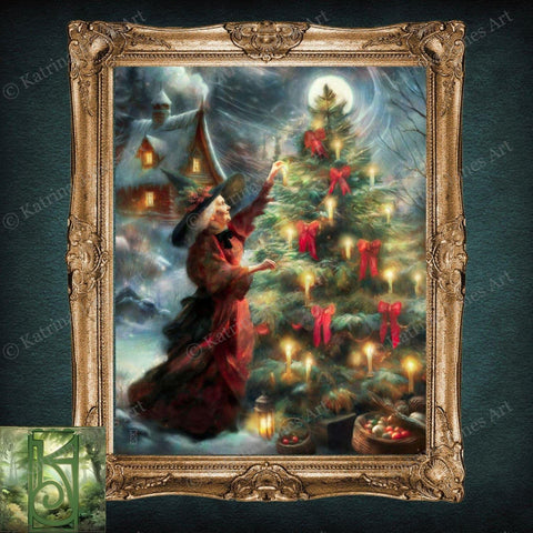 Yule Witch Art Print - Winter Solstice Decor - Yuletide Painting