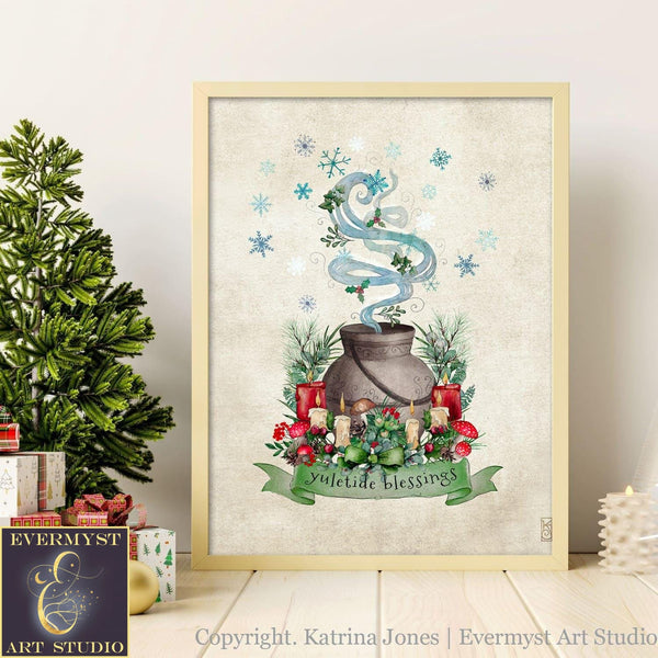 Yuletide Blessings Art Print - Magical Yule Nature Woodland Cute Illustration Wall Decor Whimsical