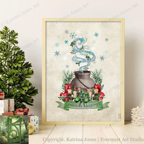 Yuletide Blessings Art Print - Magical Yule Nature Woodland Cute Illustration Wall Decor Whimsical