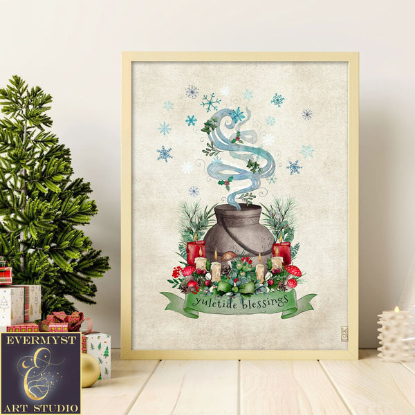 Yuletide Blessings Art Print - Magical Yule Nature Woodland Cute Illustration Wall Decor Whimsical