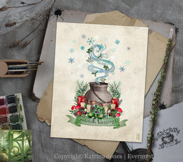Yuletide Blessings Art Print - Magical Yule Nature Woodland Cute Illustration Wall Decor Whimsical